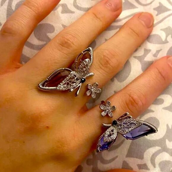 Blue White Filigree Wing Floral Statement Wrap Ring NEW - Picture 3 of 4